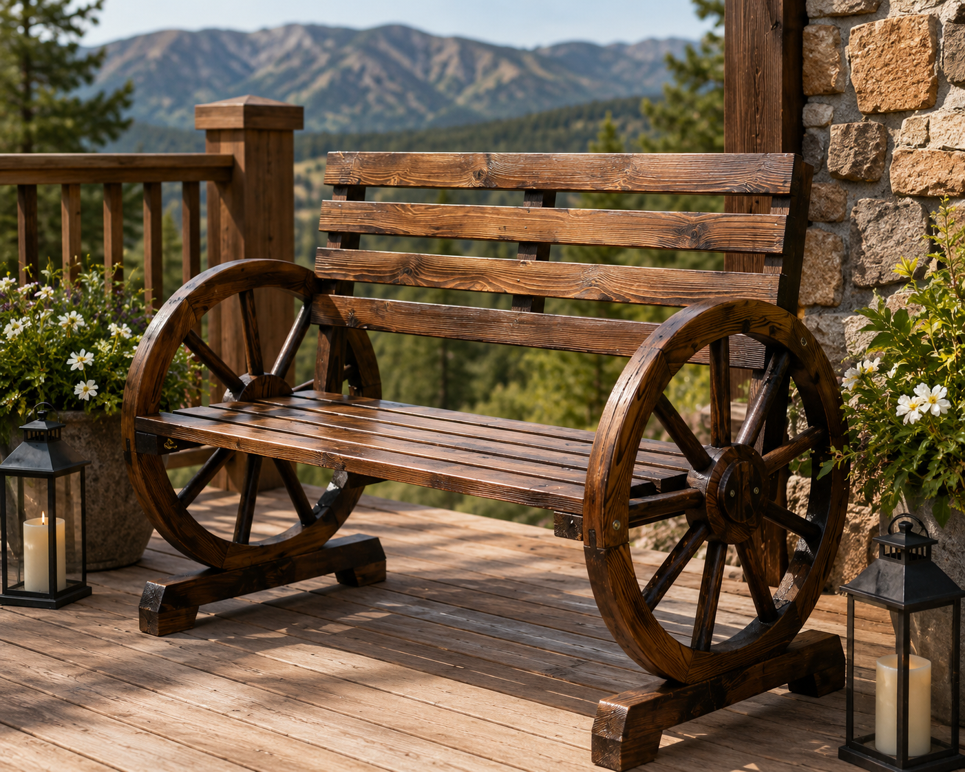 Rustic Wagon Wheel Garden Bench – Solid Wood Outdoor Patio Bench