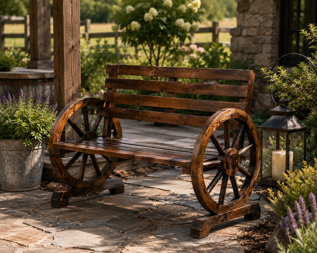 Rustic Wagon Wheel Garden Bench – Solid Wood Outdoor Patio Bench