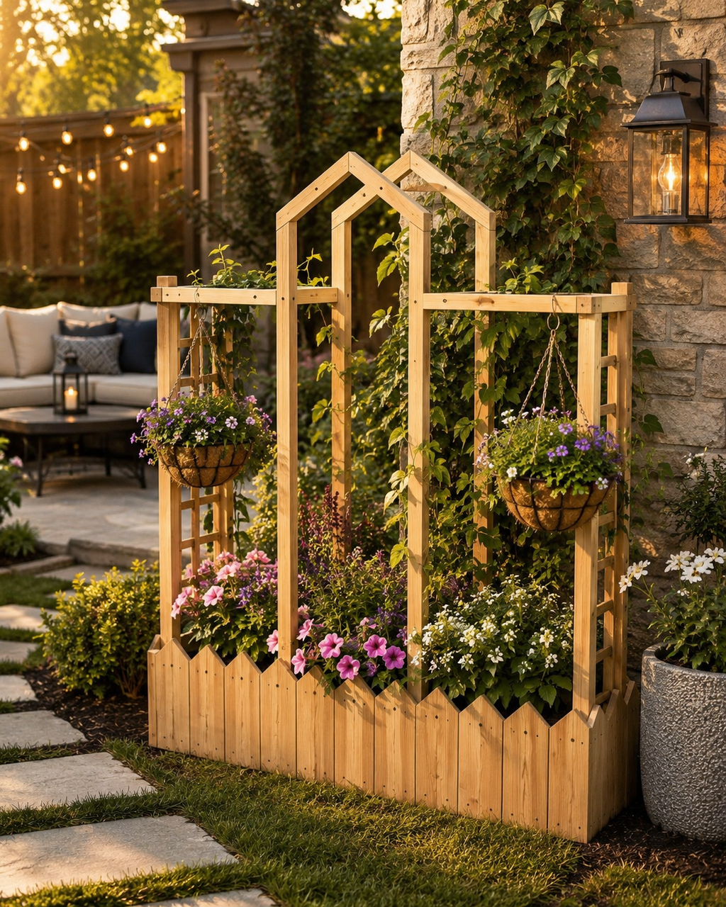 Beautiful wooden planter box with decorative arch trellis