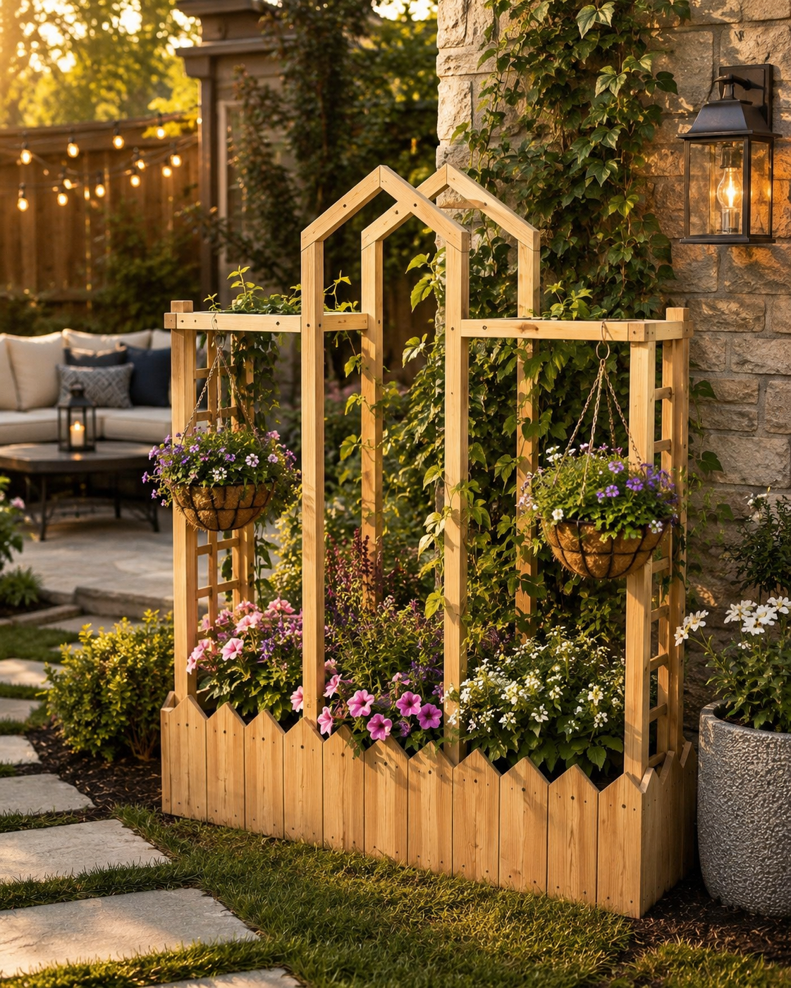 Beautiful wooden planter box with decorative arch trellis