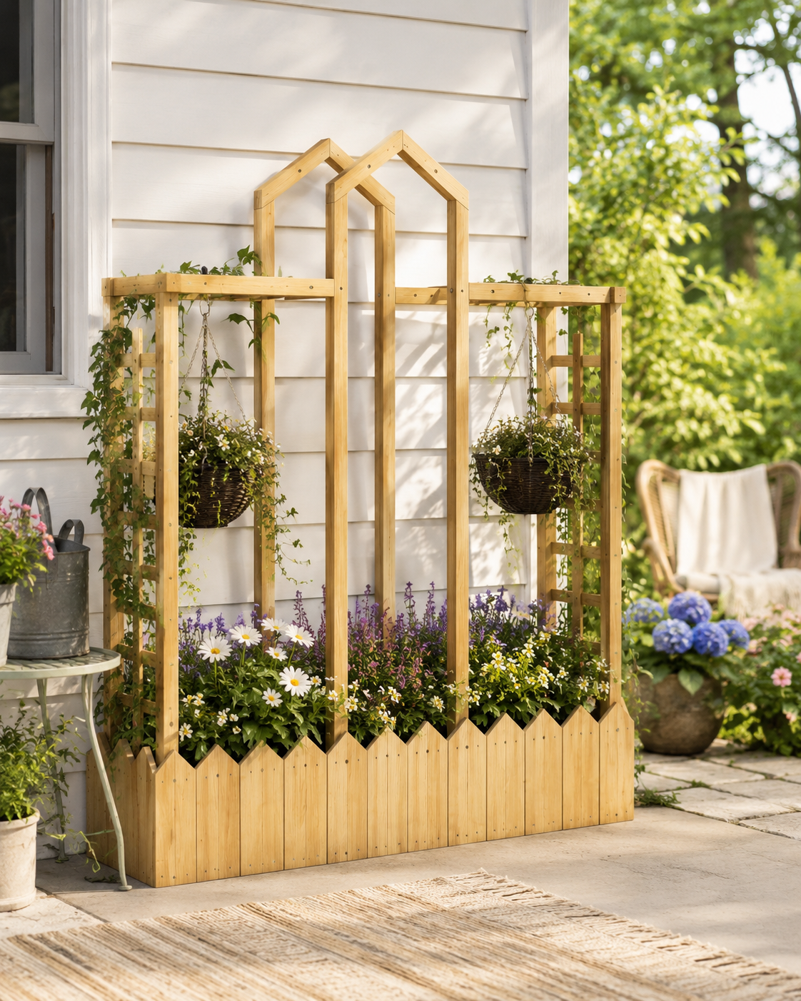 Beautiful wooden planter box with decorative arch trellis