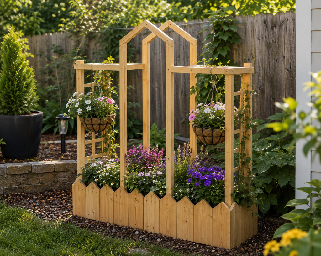 Beautiful wooden planter box with decorative arch trellis