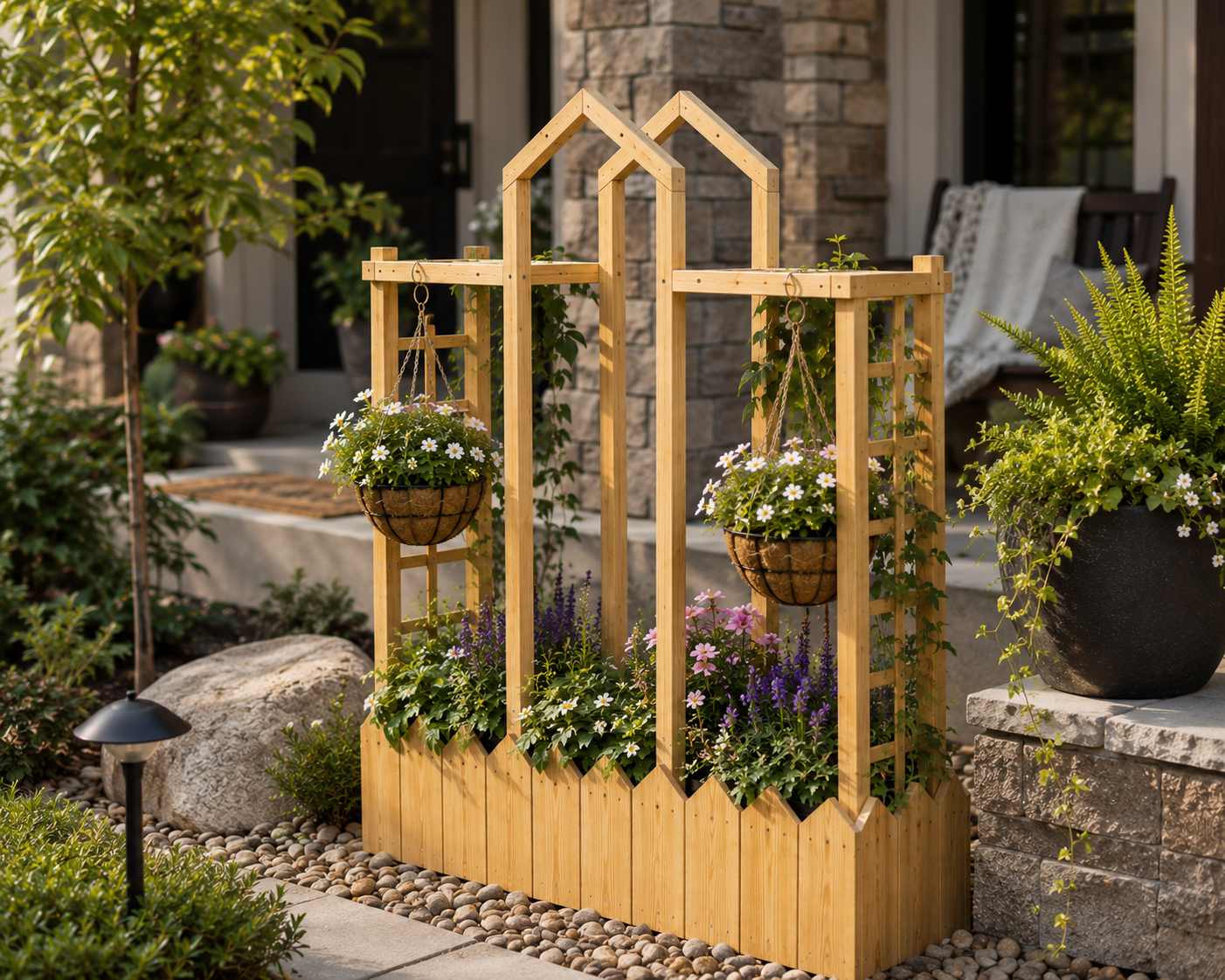 Beautiful wooden planter box with decorative arch trellis
