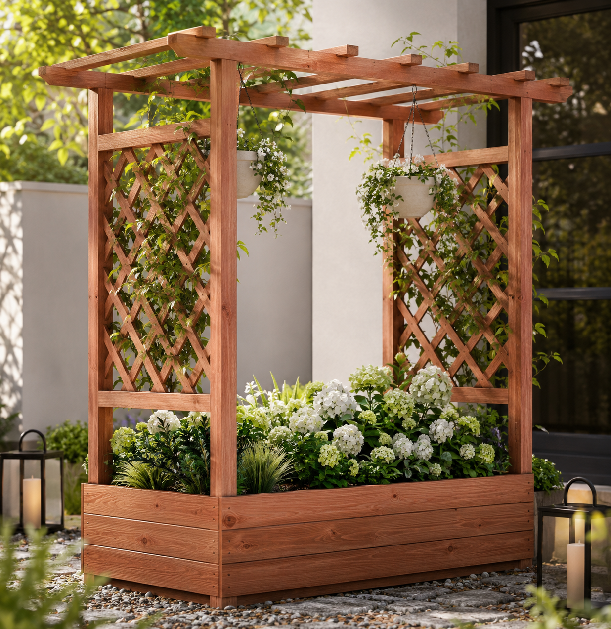 Raised Wooden Garden Planter with Trellis Arch