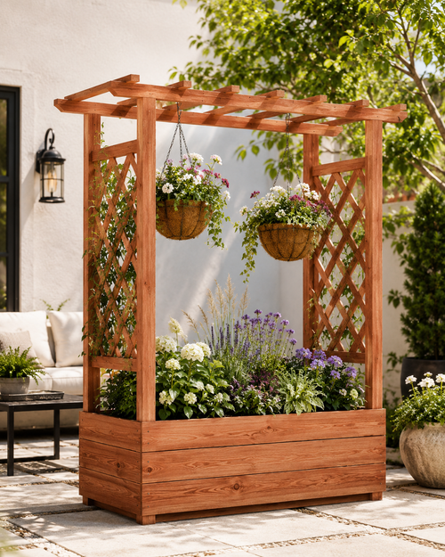 Raised Wooden Garden Planter with Trellis Arch