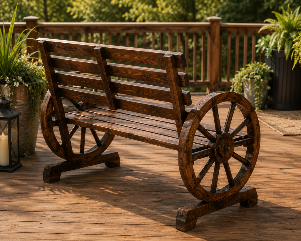 Rustic Wagon Wheel Garden Bench – Solid Wood Outdoor Patio Bench