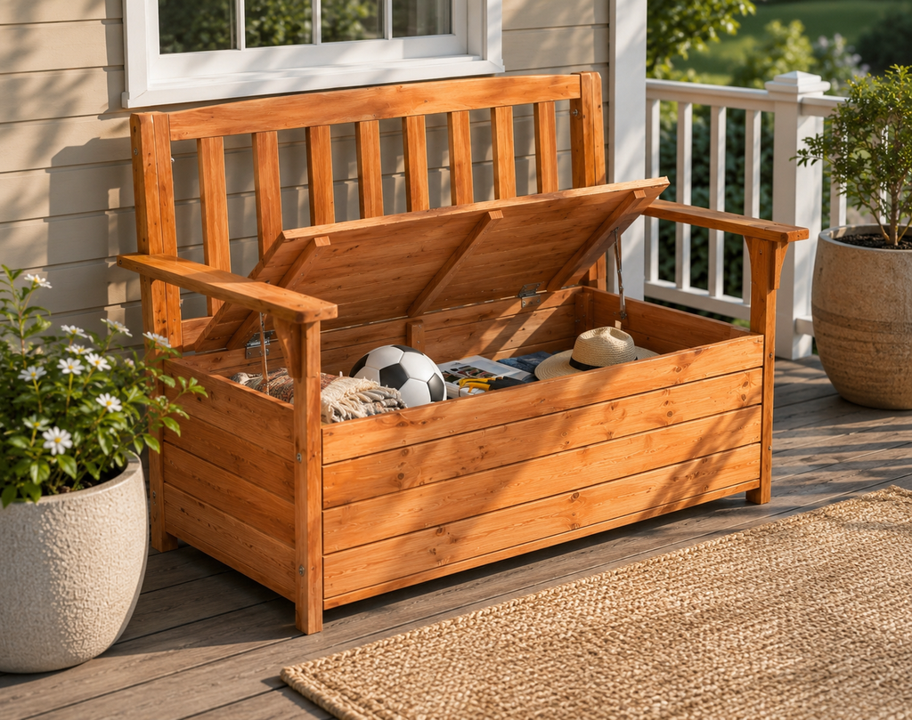 Outdoor Wooden Storage Bench – Patio Deck Box + Seating – Assembled