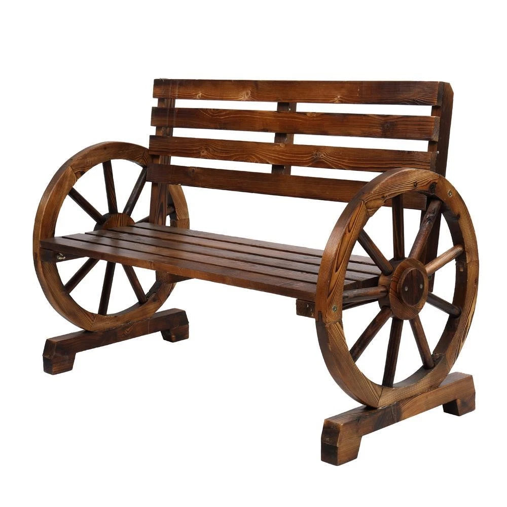 Rustic Wagon Wheel Garden Bench – Solid Wood Outdoor Patio Bench