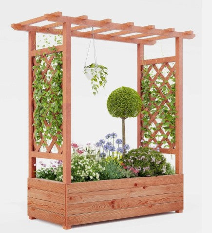 Raised Wooden Garden Planter with Trellis Arch